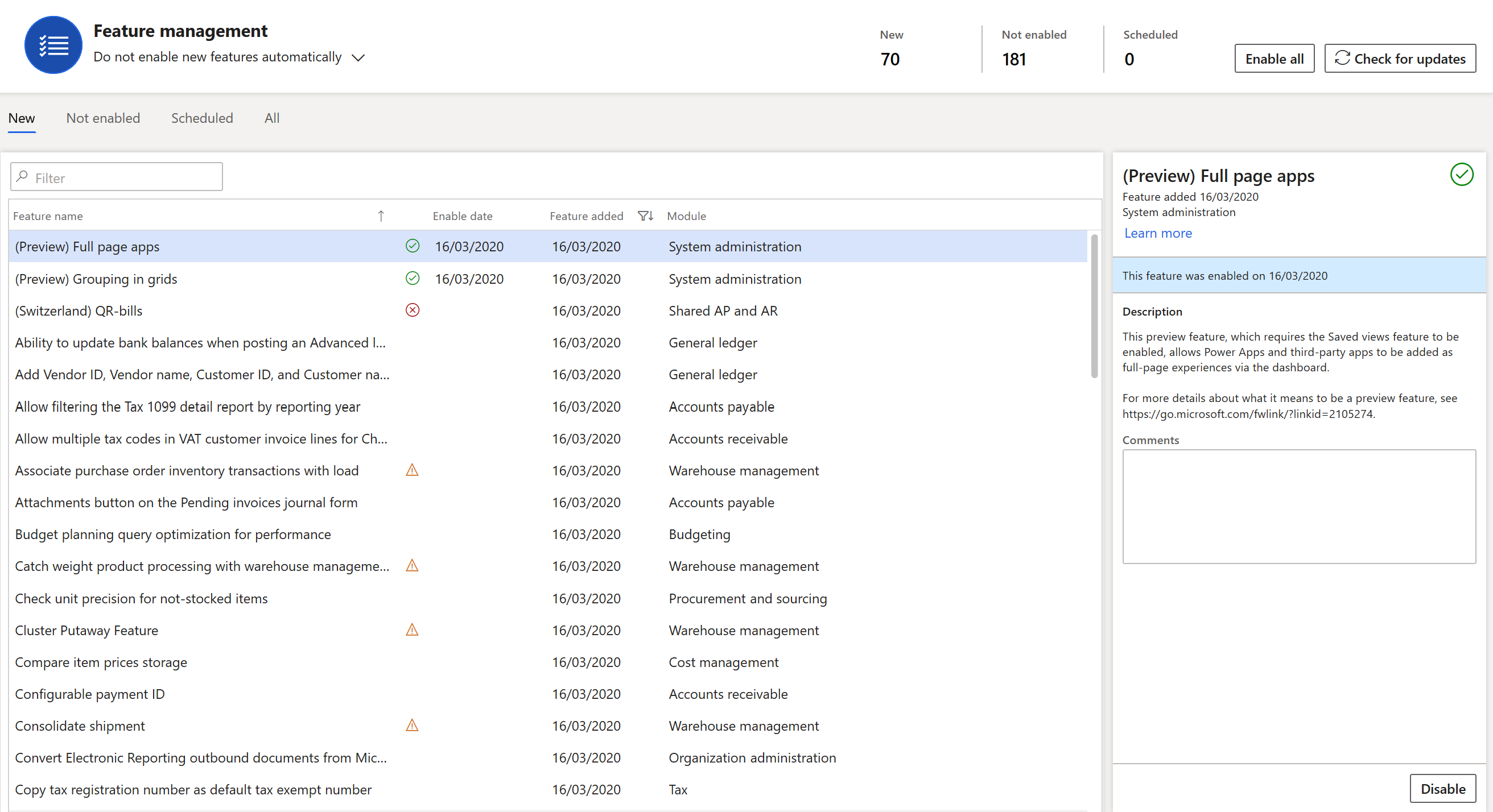 The Feature Management workspace in Microsoft Dynamics 365